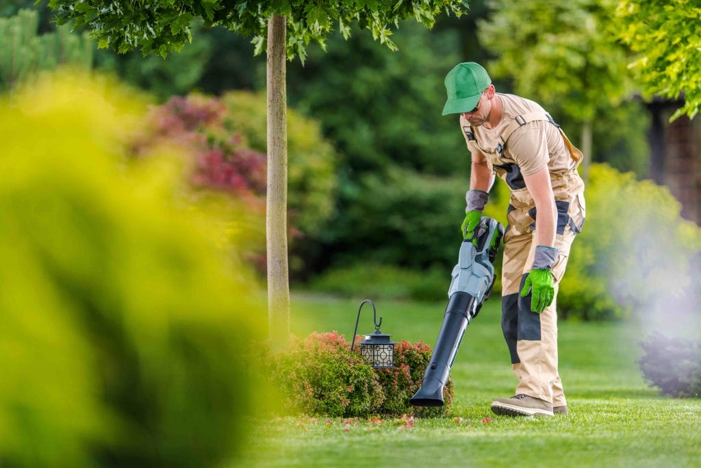 gardener with cordless leaf blower cleaning backya 2021 08 28 19 19 33 utc