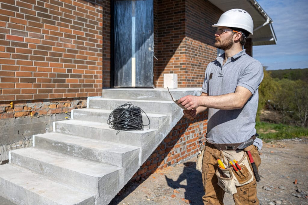 construction employee looking at blueprints and concrete steps