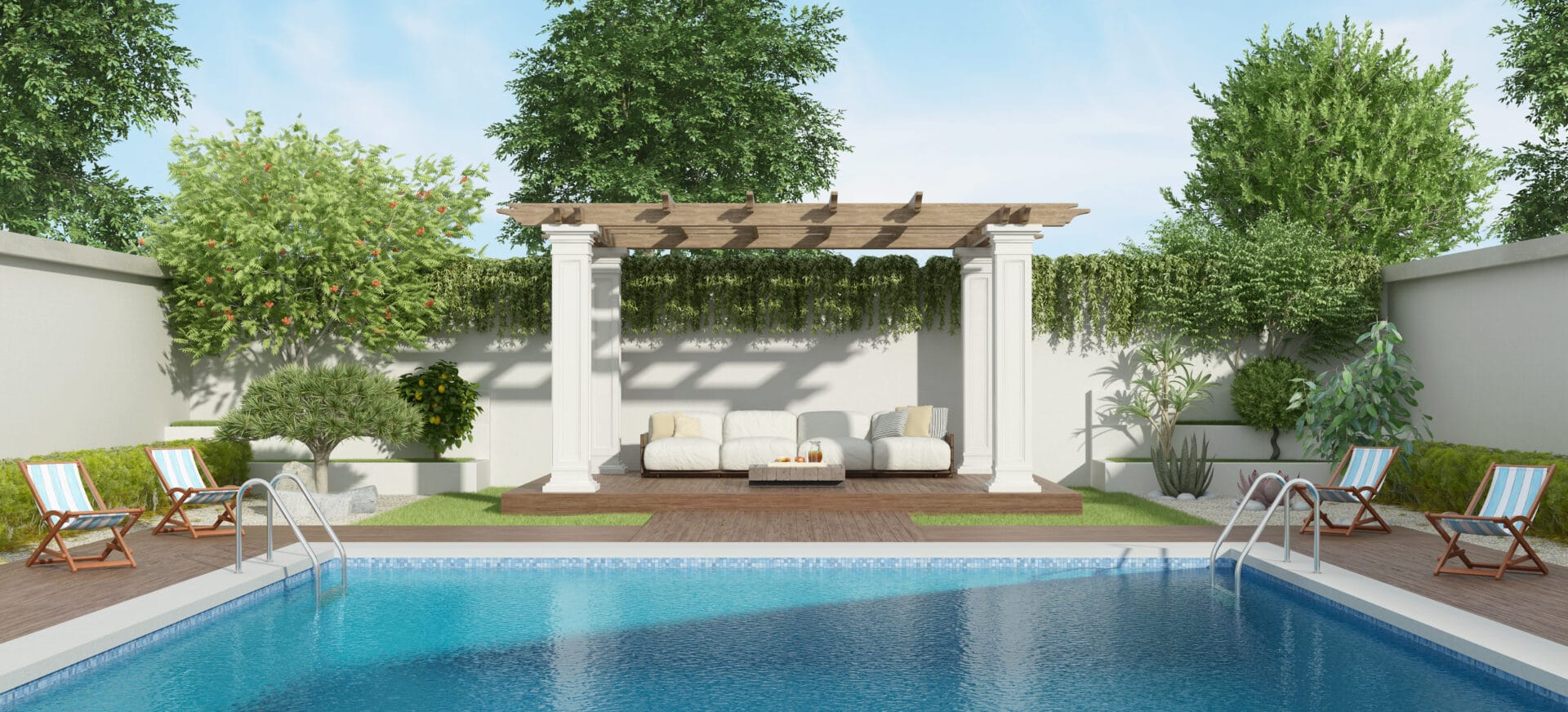 luxury garden with large pool and pergola