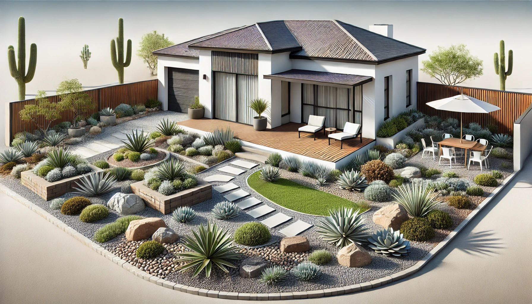 full property 3d landscaping design featuring a minimalistic style with xeriscaping elements.