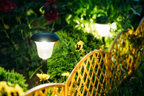 small solar garden light, lantern in flower bed. garden design.